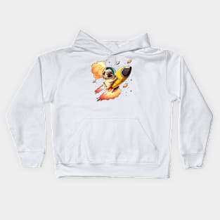 pug flying into space with a rocket Kids Hoodie